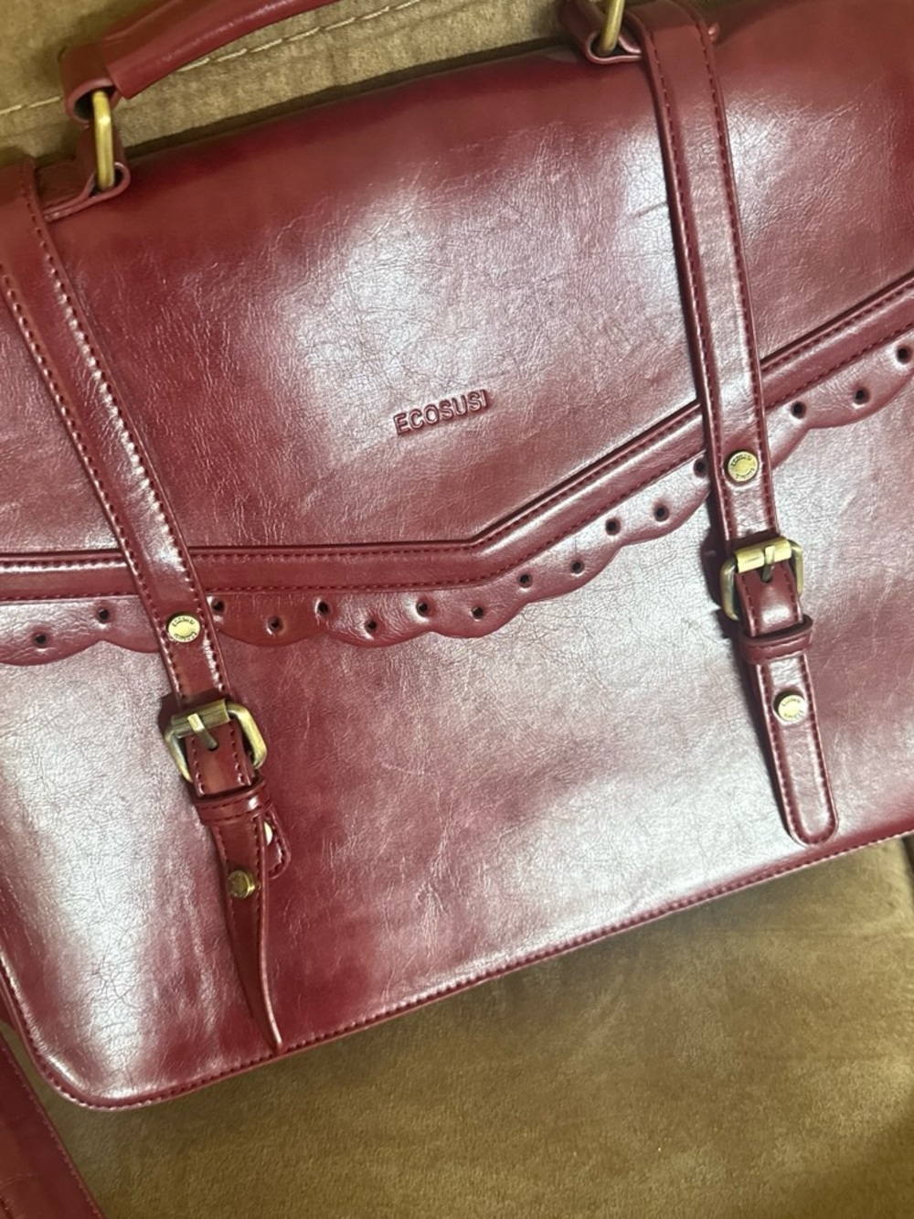 Ecosusi Red Burgundy faux leather satchel messenger bag - Picture 2 of 7